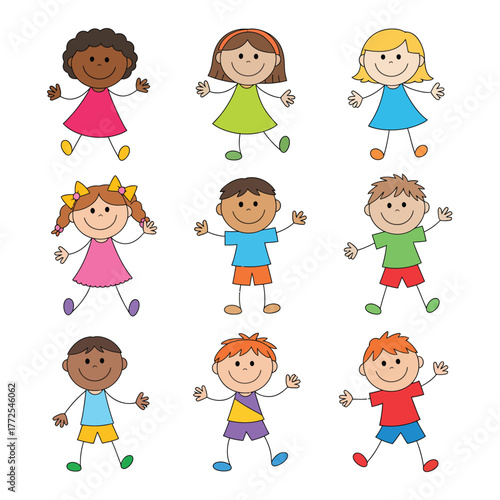 Collection of 9 simple cartoon stick figures children diverse ethnicities joyful poses vector illustration vector