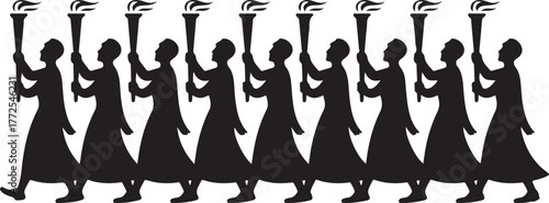 Black silhouette figures in procession holding flaming torches torchbearer