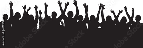 Black silhouette of a crowd with raised hands against a white background arms up cheering