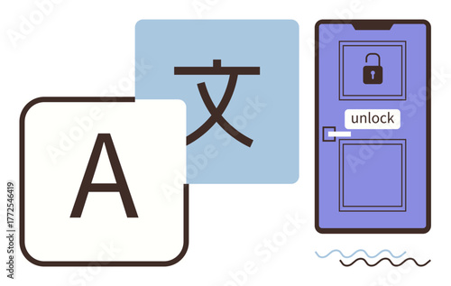 Letter, translated character, and locked door with unlock label represent language, translation, communication, and accessibility. Ideal for learning, tech, globalization education diversity