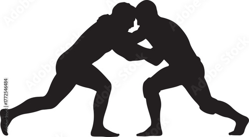 Black silhouette of two wrestlers grappling on a white background wrestling sport