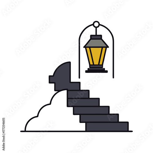 Warm glowing lantern illuminates snow covered stairs outdoors at night vector christmas