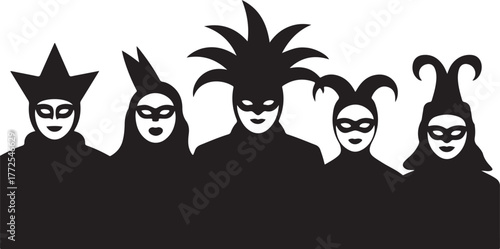 Five black silhouette figures wearing Venetian masks and ornate headwear against a white background masquerade