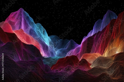 A stunning abstract representation of signal propagation map with glowing waveforms against a colorful mountain range backdrop under a dark sky filled with stars.