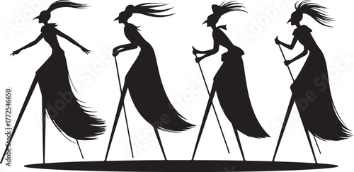 Four black silhouette figures with long flowing hair and tall legs holding canes black and white people
