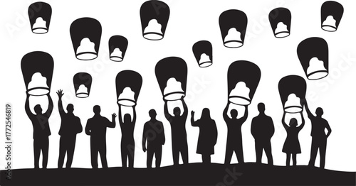 Silhouettes of people launching sky lanterns against a white background group crowd