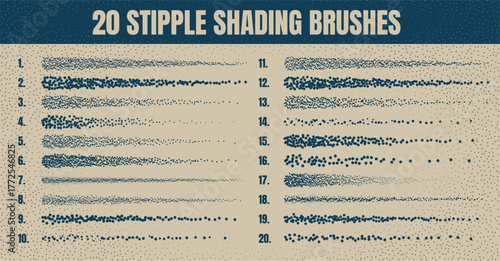 Ink scatter brush, stipple drawing and texturing. Fading gradient. Stippling, dotwork drawing, shading using dots. Halftone disintegration effect. White noise grainy texture. Vector illustration