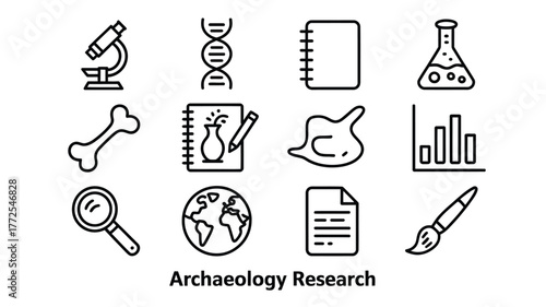 Set of 12 black and white line art icons for archaeology research vector illustration vector