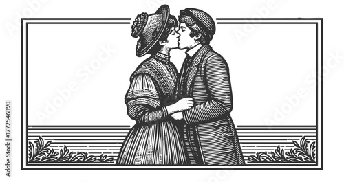 romantic couple sharing a kiss sketch engraving generative ai fictional character vector illustration. Scratch board imitation. Black and white image.