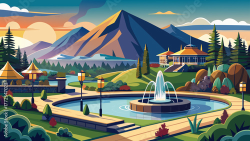 VIew of McEuen Park promenade and water feature and Tubbs Hill, a 165 acre natural park bordering the lake and downtown resort area in Coeur d'Alene, Idaho USA