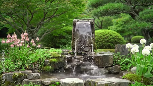 A still cinematic frame of a mountain fountain with gently running water. The camera is fixed and locked — absolutely no movement, no zoom, no panning, no angle change. Peaceful Zen garden, natural li