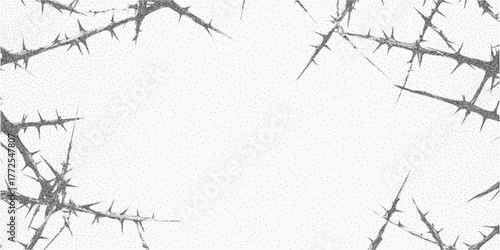 Background with blackthorn branches, empty space. Distressed shape filled with retro grit, faded grain and subtle threshold pattern. Speckled dust texture with soft ink surface.