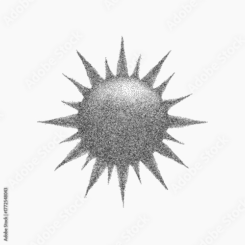 Black drawing of the sun with sharp rays, gritty ink fill and threshold shadows, grainy background with stippled texture and paper dust.