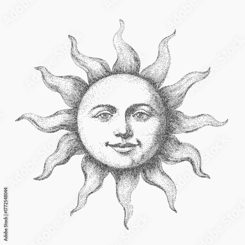 Sun with a human face inside, minimal line art and stippled details, gritty texture with threshold grain and paper speckle across the surface.
