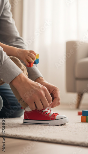 Wallpaper Mural A caring dad helps his kid with their shoes while playing at home. Torontodigital.ca