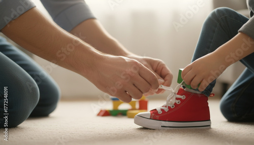 Wallpaper Mural Close-up of a father's hands teaching his child to tie shoelaces on a red sneaker. Torontodigital.ca
