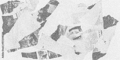 Background with torn newspaper fragments layered over dusty textures and halftone dots, vintage print imperfections and grunge composition.