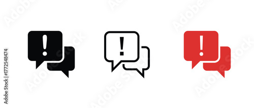 Exclamation mark message icon set. Chat alert symbol. Danger sign with speech bubble. Vector illustration