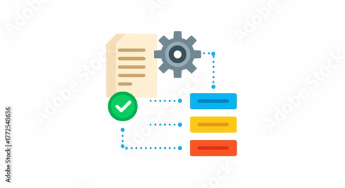 Illustration of a document with a checkmark, a gear, and a flowchart of tasks.