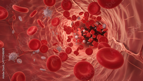 Red blood cells travel through a human artery, illustrating the dynamic environment of blood flow. The image shows immune cells responding to the presence of bacteria within the bloodstream