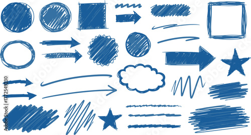 Hand-drawn blue scribbled shapes and arrows, artistic design elements for creative projects