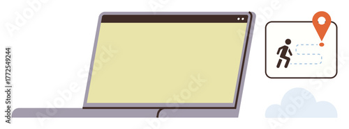 Open laptop with blank screen, user route illustration with location pin and walking icon. Ideal for navigation, journey tracking, technology, travel, remote work, planning, simple flat metaphor