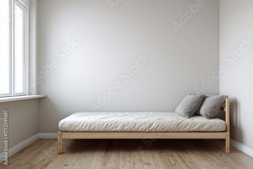 Wallpaper Mural Minimalist bedroom interior featuring a simple wooden platform bed near a bright window Torontodigital.ca