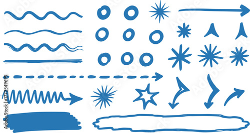 Collection of Blue Hand Drawn Design Elements Lines, Arrows, and Shapes for Creative Projects