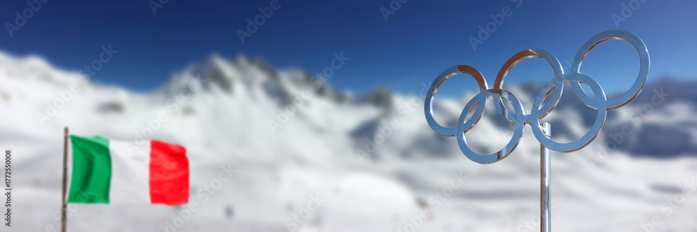Fototapeta premium Olympic rings, italian flag and snowy mountains in the Alps panoramic background, 2026 winter olympics Milan Cortina, olympic games web banner