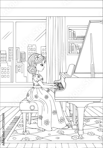 a girl plays the piano. coloring book