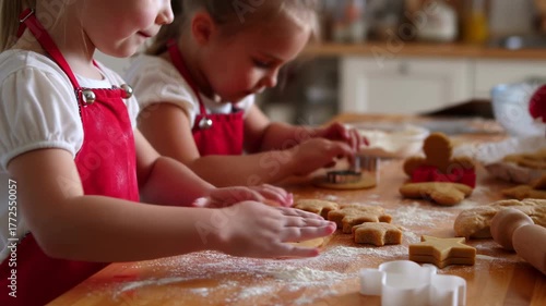 Two little girls baking christmas gingerbread cookies