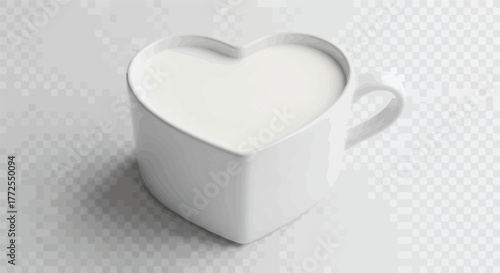 Heartshaped mug filled with fresh milk, isolated on white background, offering a symbol of love and nourishment, perfect for healthconscious individuals and those seeking a comforting beverage option