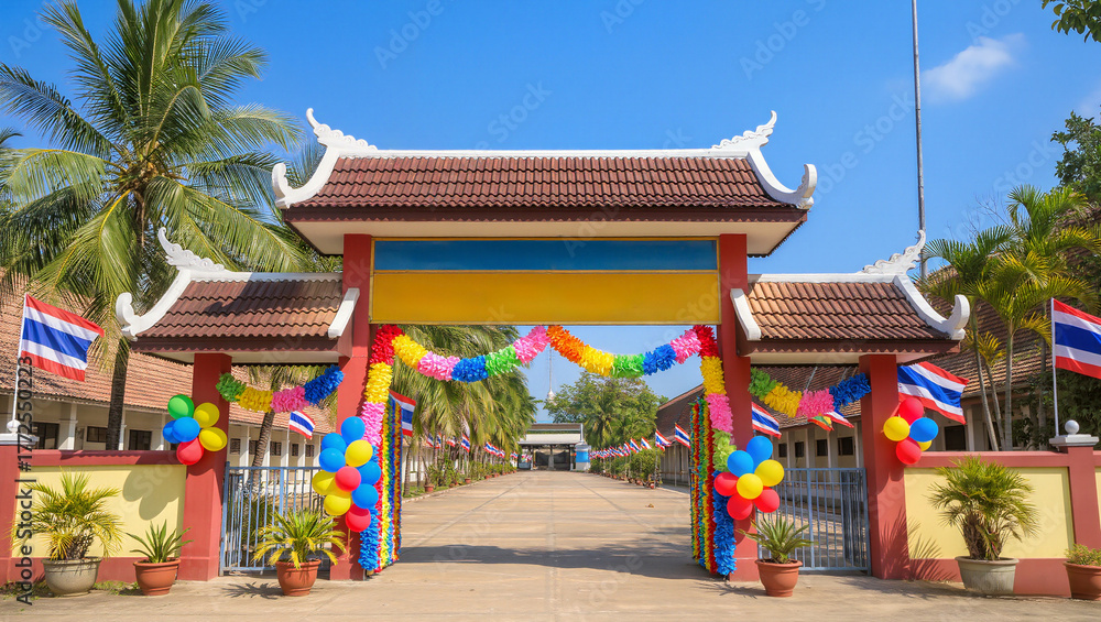 Naklejka premium Entrance to Thai school. Children's Day concept