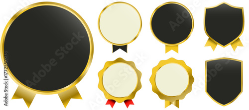 Premium gold label badges with elegant ribbons, round seals, crown icons and shiny metallic highlights. High-quality vector set for luxury certificates, award stickers, VIP membership branding and exc