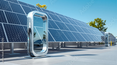 Modern solar farm powers electric vehicles at charging stations with clean energy technology