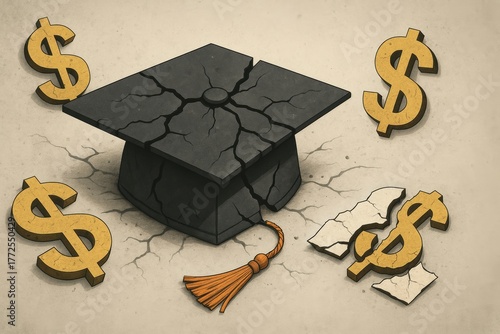 Student loan financial stress. Graduation cap cracked, surrounded by dollar signs, representing financial struggles in education.