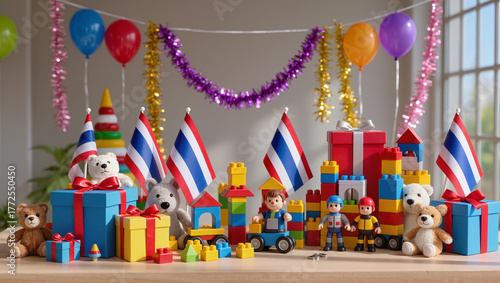 Children’s Day celebration concept with Thai flag and festive presents