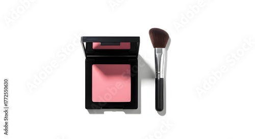Soft Pink Blush with Makeup Brush on White Background
