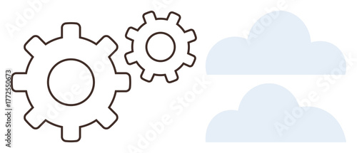 Two interlocking gears beside two cloud icons, symbolizing teamwork, innovation, and cloud computing. Ideal for technology, collaboration, development, engineering, processing connectivity simple