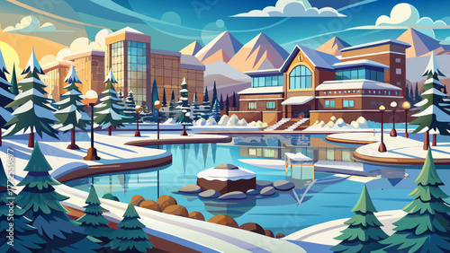 Very beautiful winter scene of Riverstone Public Park and lake in downtown Coeur d'Alene, Idaho, with snow-covered ground, frozen water reflections, and surrounding commercial and residential building