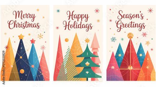 Festive collection of three christmas greeting cards featuring colorful abstract trees and holiday wishes like merry christmas and happy holidays