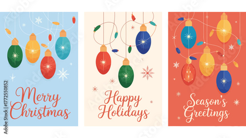 Three festive holiday greeting cards featuring colorful vintage christmas lights and seasonal messages in a flat design style