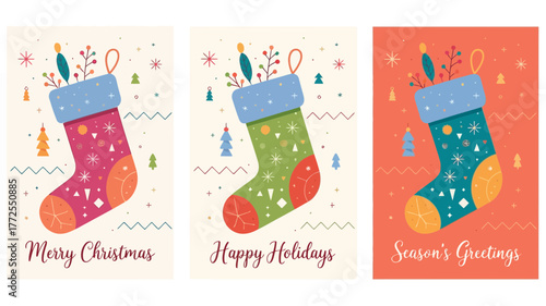 Festive christmas stockings with holiday greetings and whimsical winter decorations in a charming flat design style