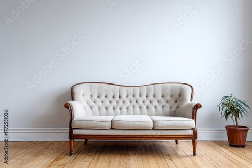 Elegant antique style settee positioned against a bright, empty interior wall with wooden flooring