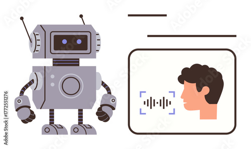 Cartoon robot with voice recognition interface analyzing human commands. Ideal for AI, machine learning, robotics, speech processing, innovation, technology, digital communication, simple flat