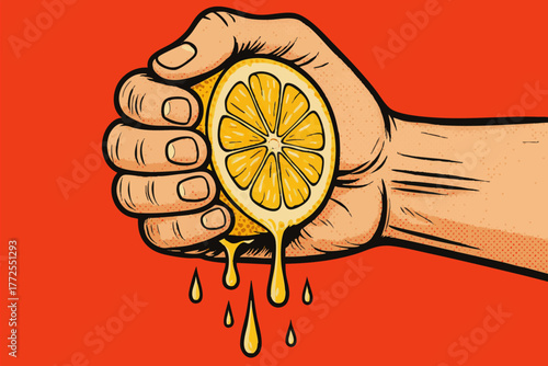 strong hand squeezing a juicy lemon, with liquid dripping against a bold red background. Generative ai vector colorful pop art illustration.