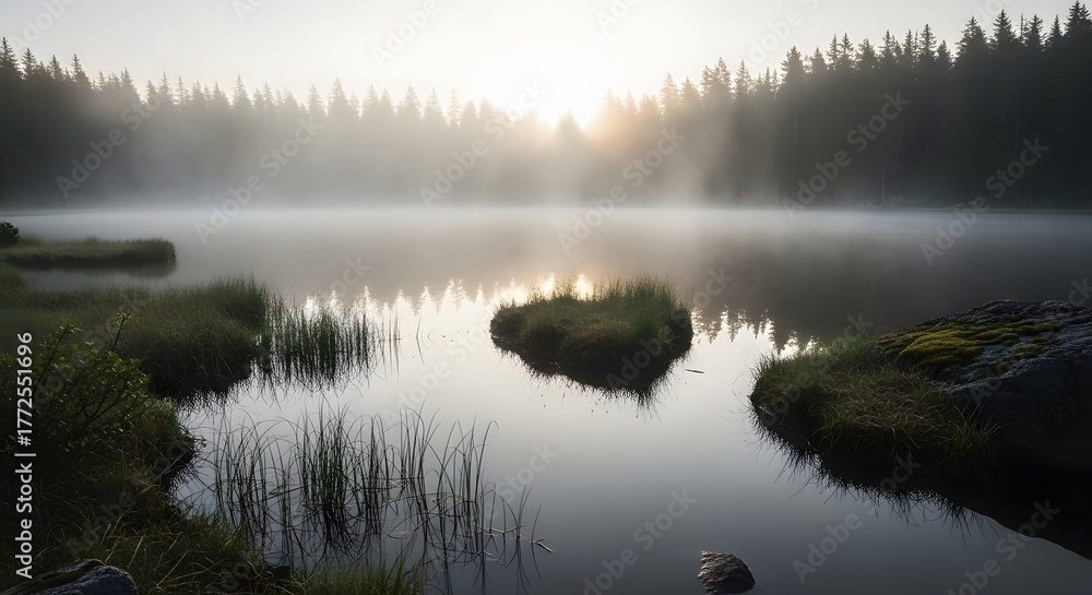 Fototapeta premium Misty Morning Lake Sunrise.