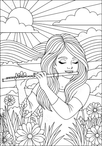 a girl plays the flute. coloring book