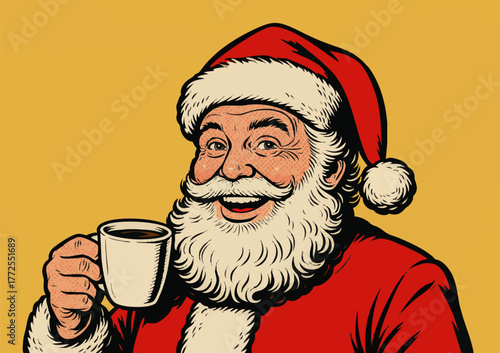 cheerful Santa Claus enjoying a warm drink, wearing red suit and hat on yellow background. Generative ai vector colorful pop art illustration.