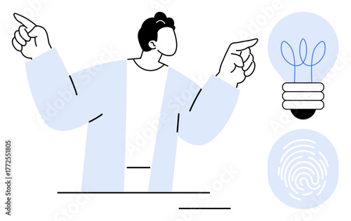 Minimalist figure pointing at light bulb and fingerprint, symbolizing creativity, individuality, innovation, empowerment, identity, brainstorming, and technology. Ideal for modern concepts simple